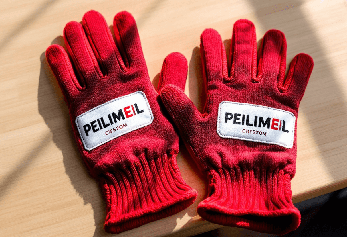 Gants rouges avec logo sur bureau en bois clair dans un environnement lumineux