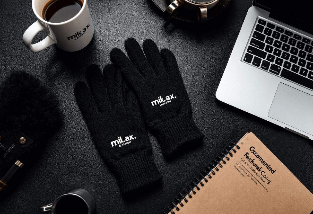 Gants noirs avec logo sur un bureau dans présentation marketing réaliste.